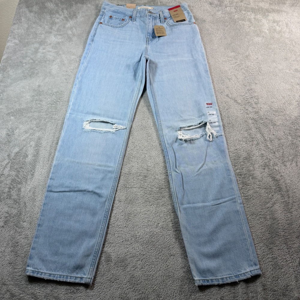 Levis Low Pro Straight Jean Women 25 Blue Light Wash Distressed Mid Rise Relaxed